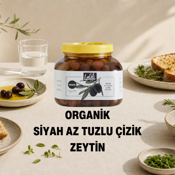 Organik Siyah Az Tuzlu Çizik Zeytin 1,2 kg  Zeytinyağı içerisinde resmi